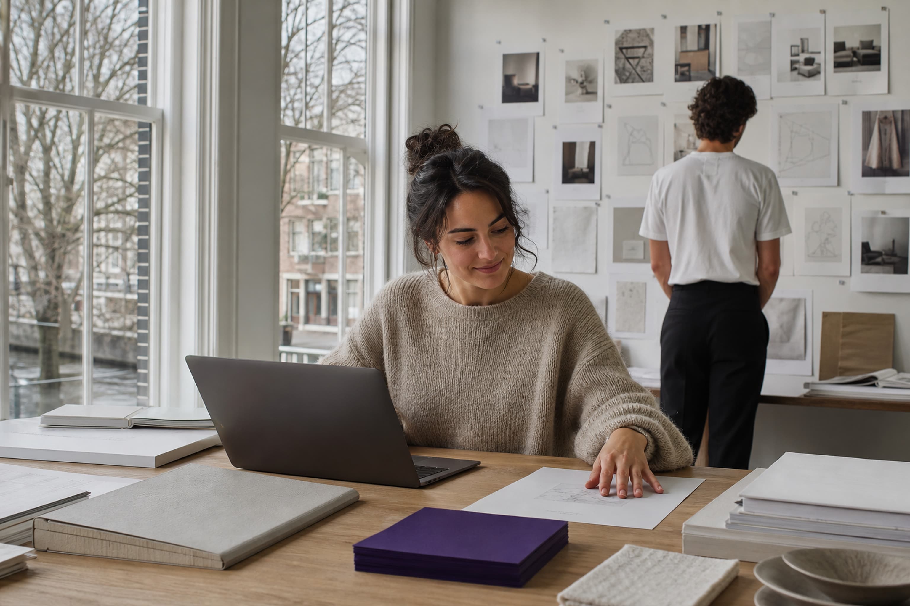 Ontwerper aan een bureau in een studio, met een offerte naast haar laptop